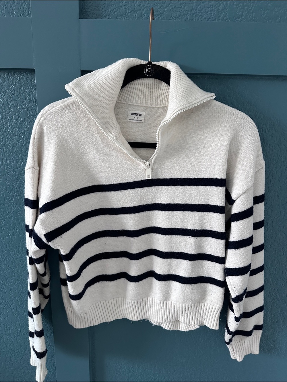 Cotton On White & Black Striped Half-Zip Pullover